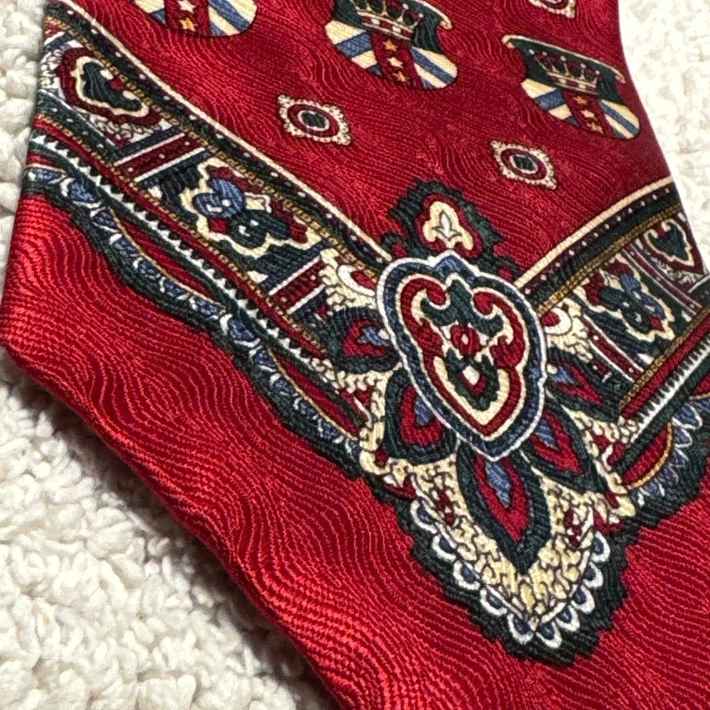 Evan Picone Tie Red Art Deco Medallion Monogram Geometric Silk Old Money USA